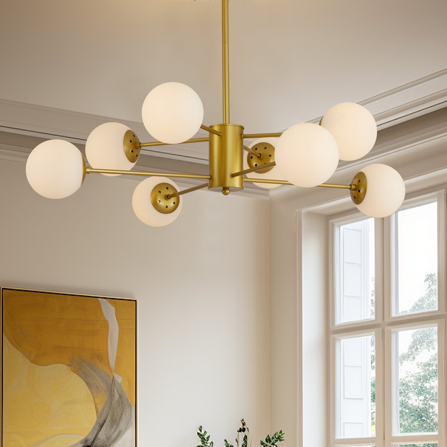 8-Light Gold Chandelier with White Glass Globe Shades - Modern Design