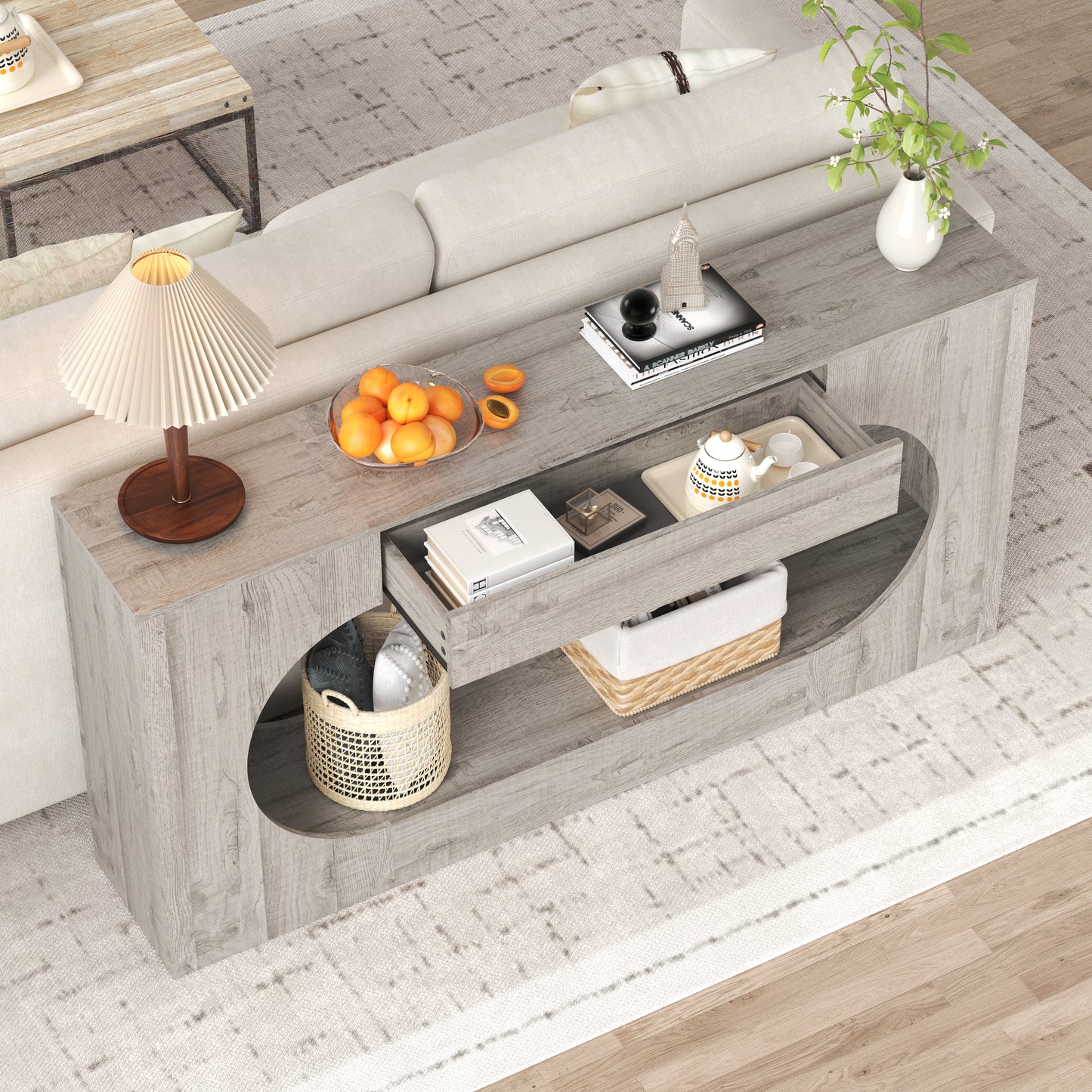 Grey Wood Grain Console Table with Storage Drawer - 63"