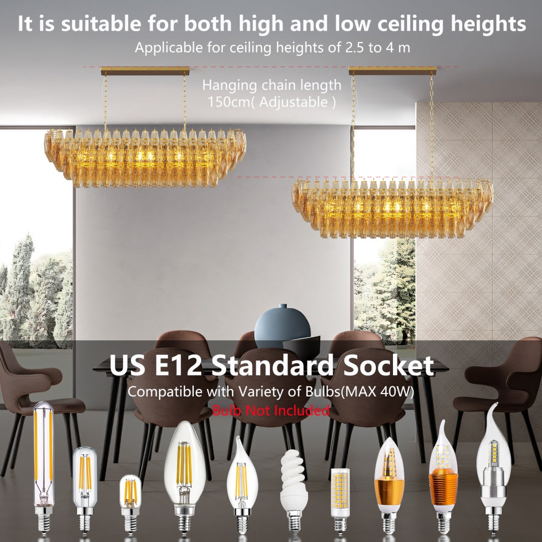 Large Gold Rectangle Chandelier - 12-Light Smoke Glass Fixture
