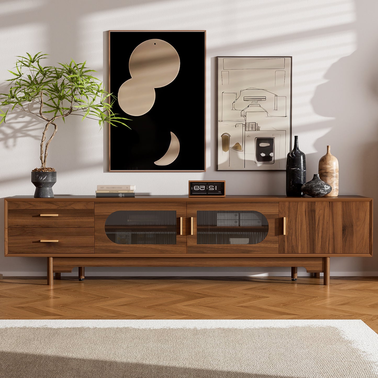 Modern 78-Inch TV Stand for TVs Up to 85" with Glass Doors & Drawers - Walnut