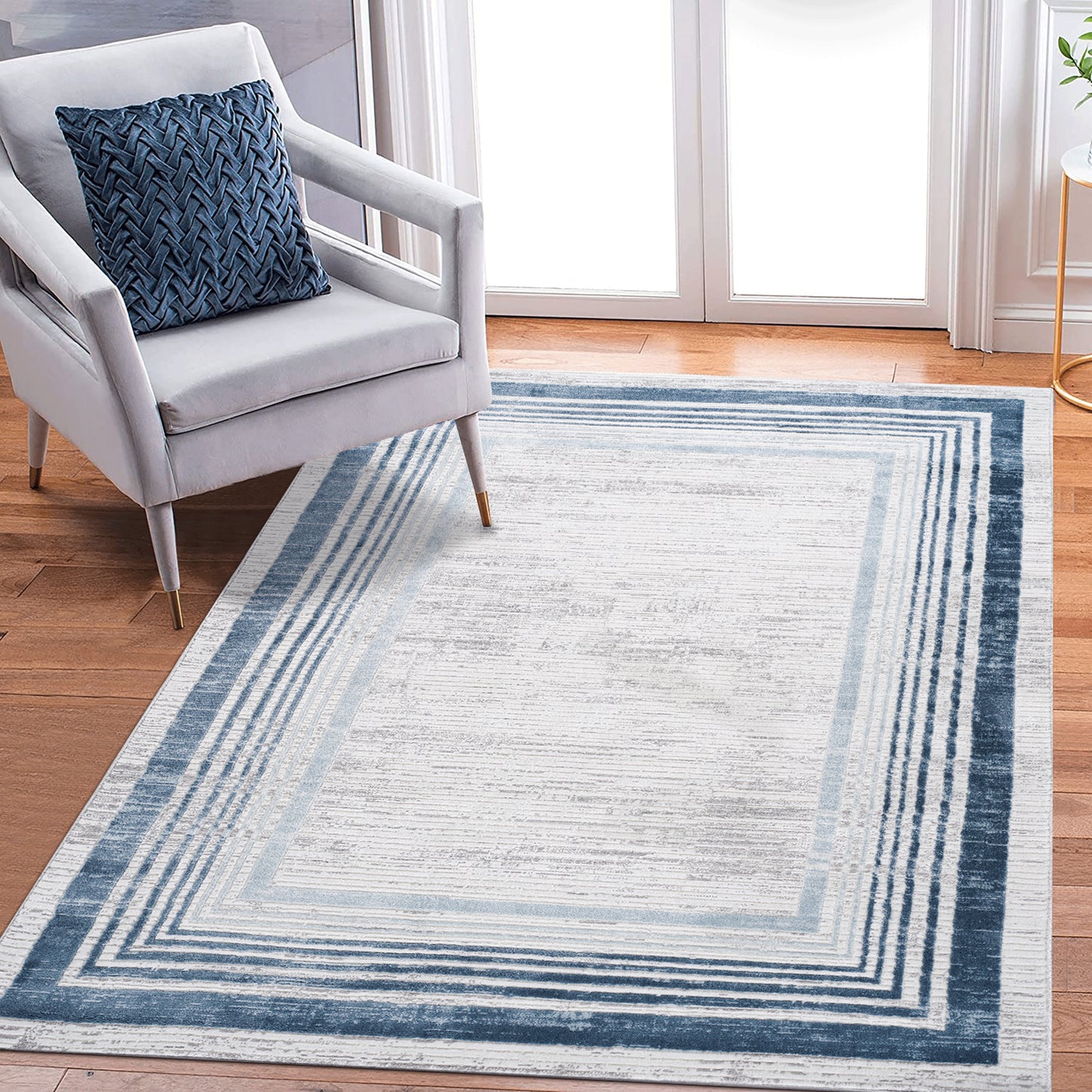 MARFI 5X7 Blue Ivory Bordered Area Rug