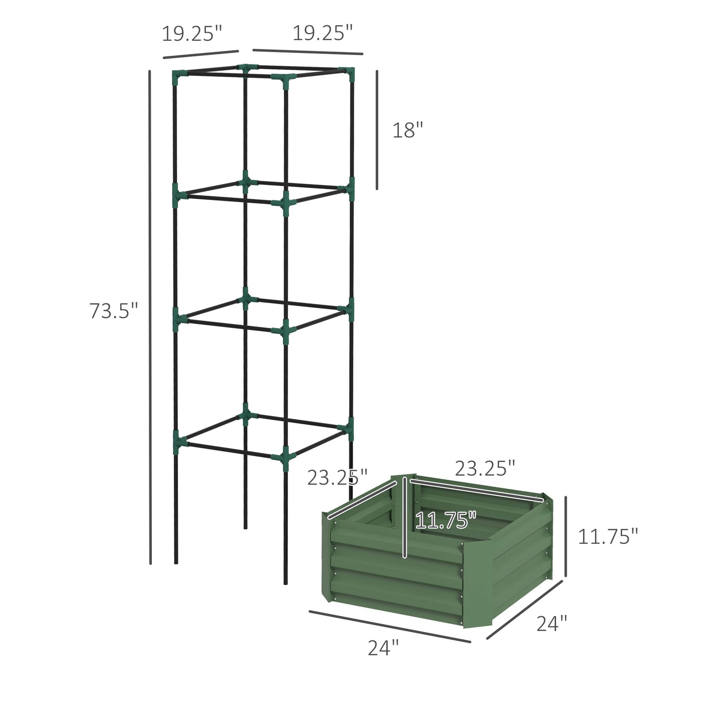 Galvanized Raised Garden Bed with Tomato Cage - 24x24x73.5 Inches, Green
