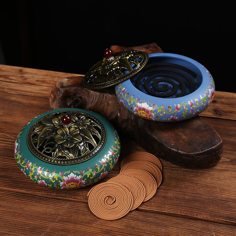 Ceramic Lotus Incense Burner with Iron Cover - Traditional Chinese Style Home Fragrance