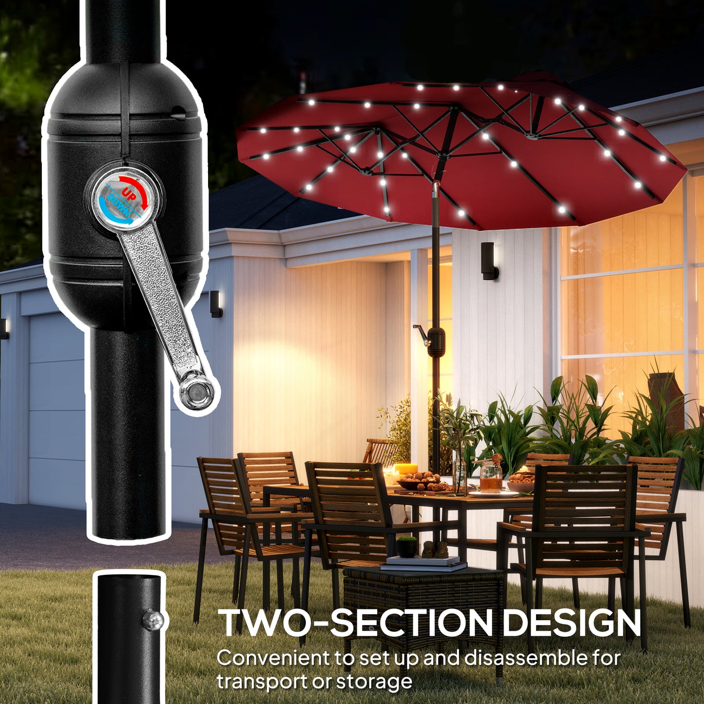 9.7' Double-Sided Patio Umbrella with Solar LED Lights - Wine Red