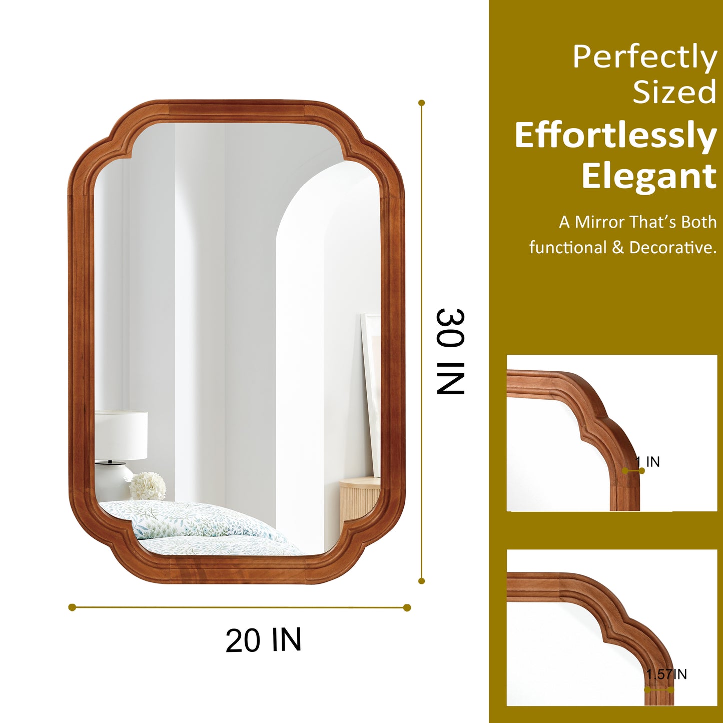20" x 30" Yellow Brown Solid Wood Frame Decorative Mirror