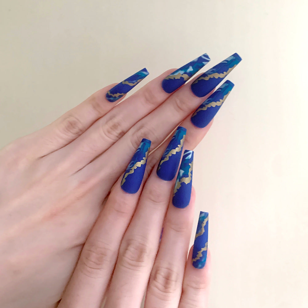 Blue Flame Marbling Fake Nail Patches with Glue - Starry Sky Design