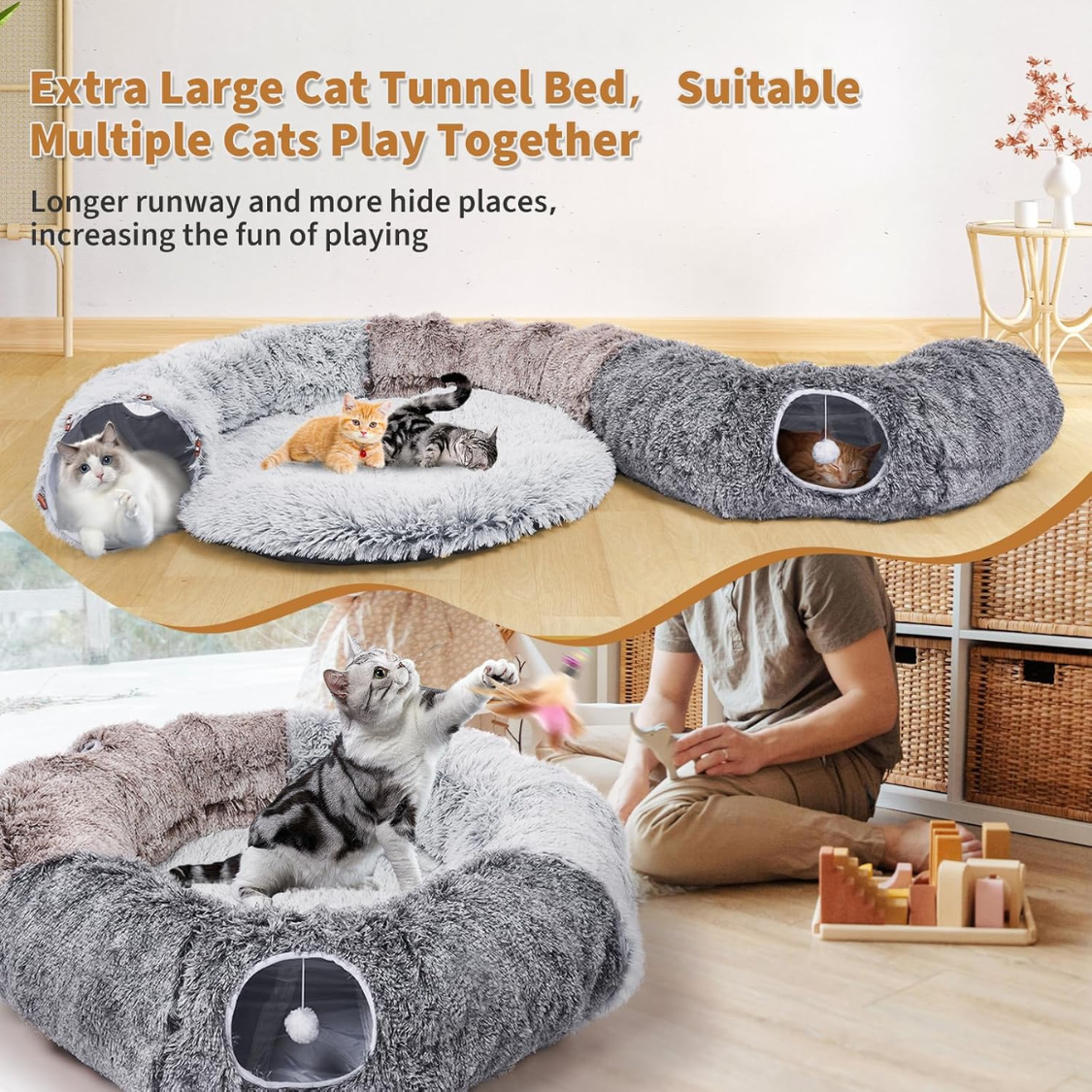 Large Cat Tunnel Bed with Toys - Cozy Plush Play Cave for Indoor Cats