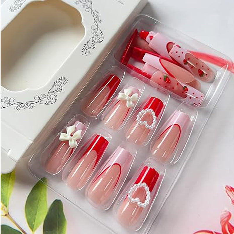 Strawberry Bow Press-On Nails - Long Square False Nail Tips, 24 Pieces