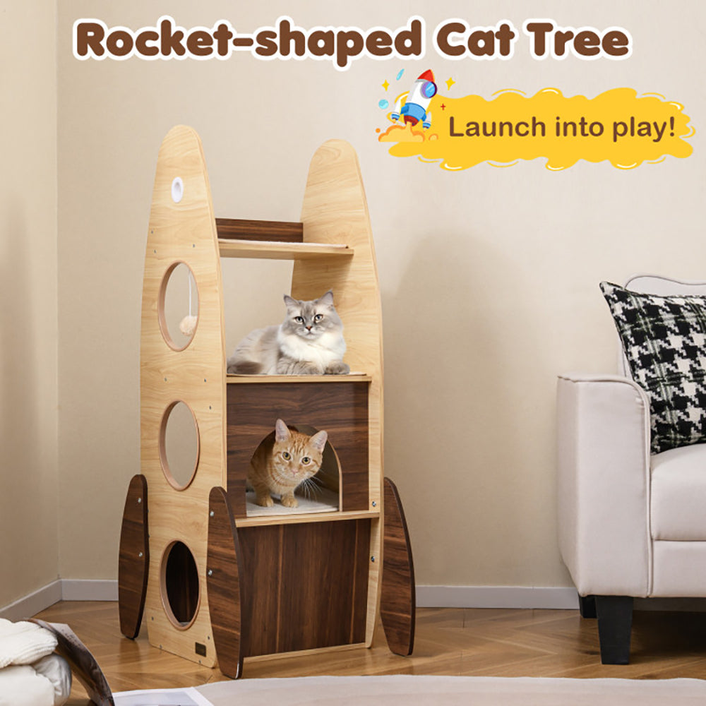 Large 47-Inch Wooden Cat Tree with Scratching Pad and Multi-Level Playhouse - Natural & White