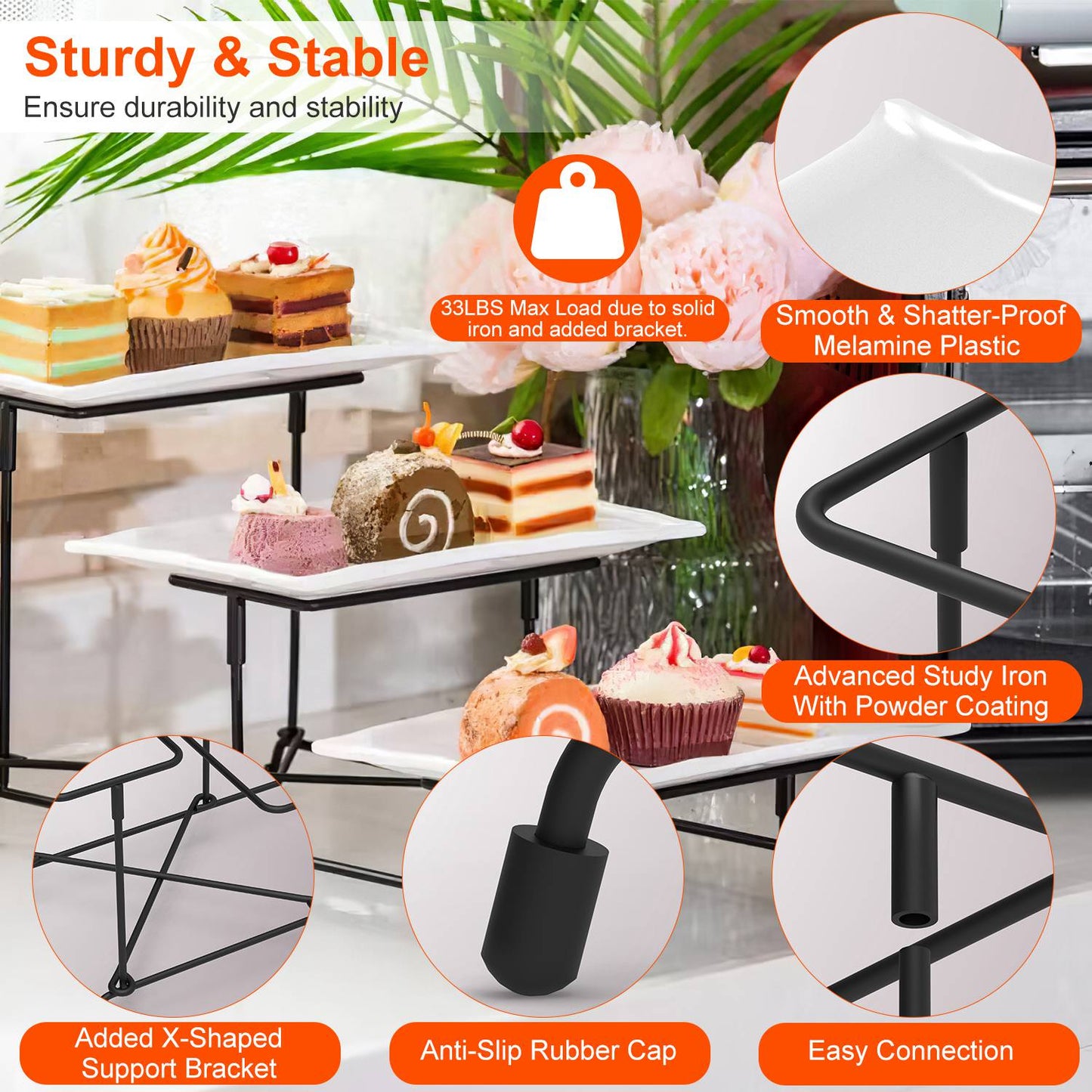 3-Tier Plastic Serving Tray Stand with Rectangular Platters