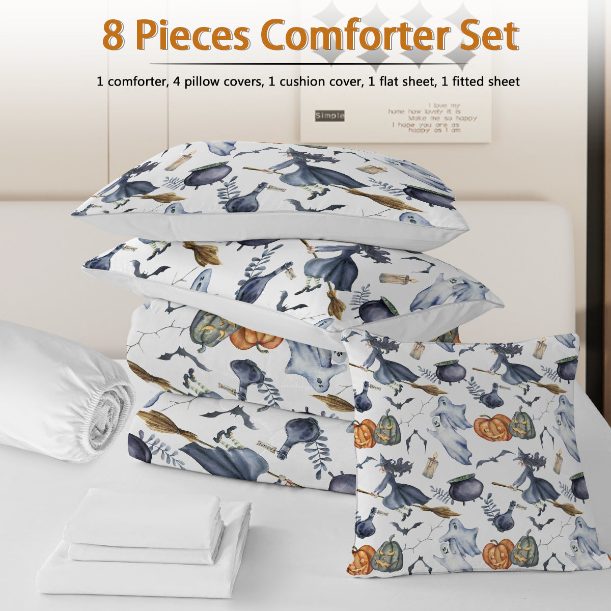 Halloween Comforter Set - 8 Piece Bed In A Bag with Witch Pattern