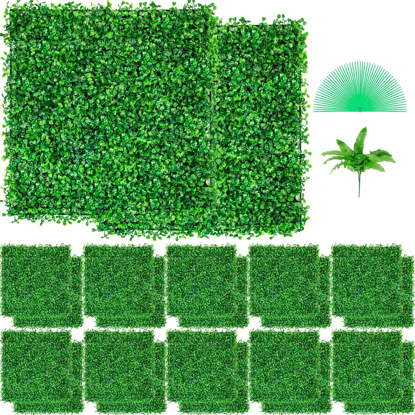 Artificial Boxwood Hedge Wall Panels 24pcs, 10x10 Inches, Green Garden Decor