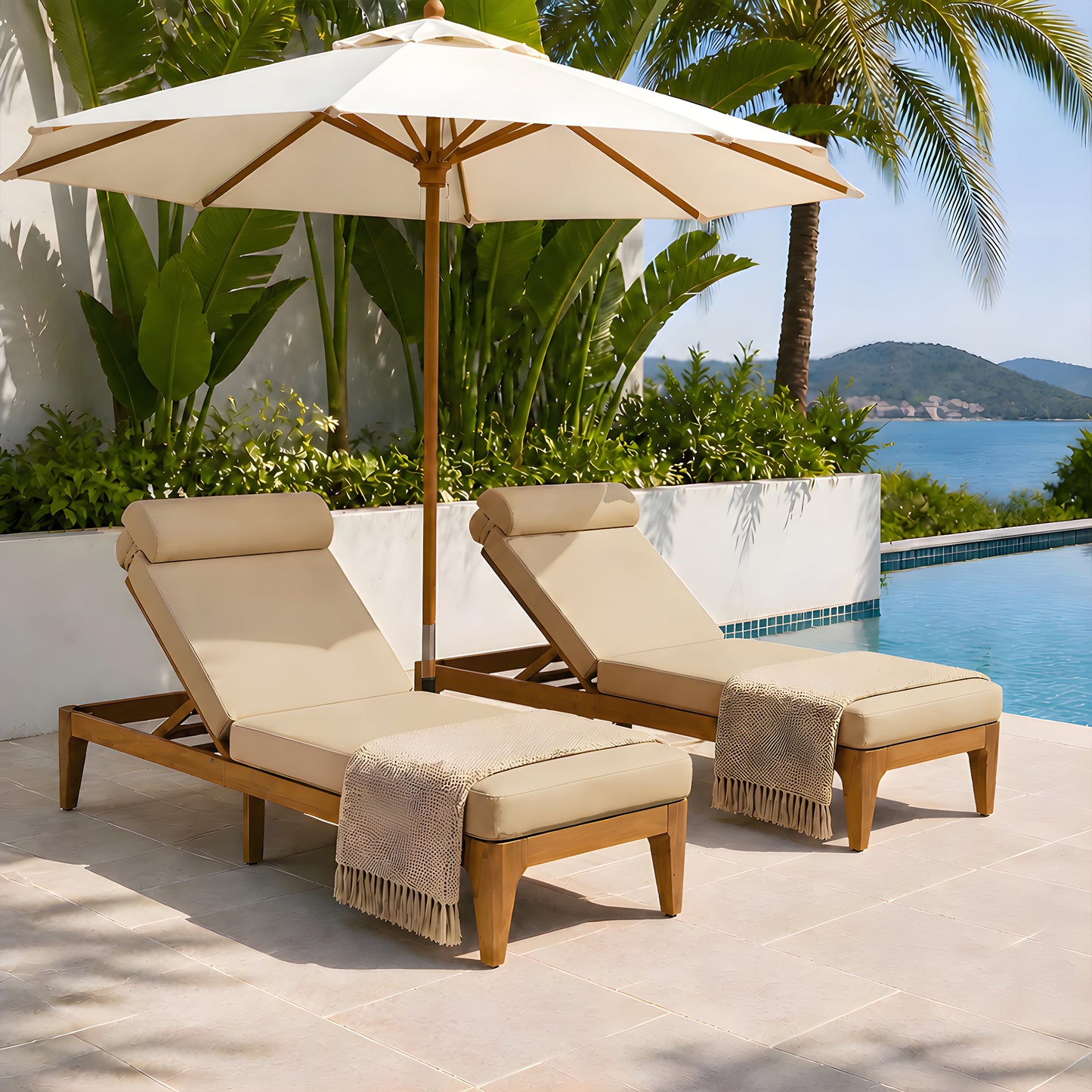 Acacia Wood Chaise Lounge Set - Adjustable Outdoor Recliner - Brown