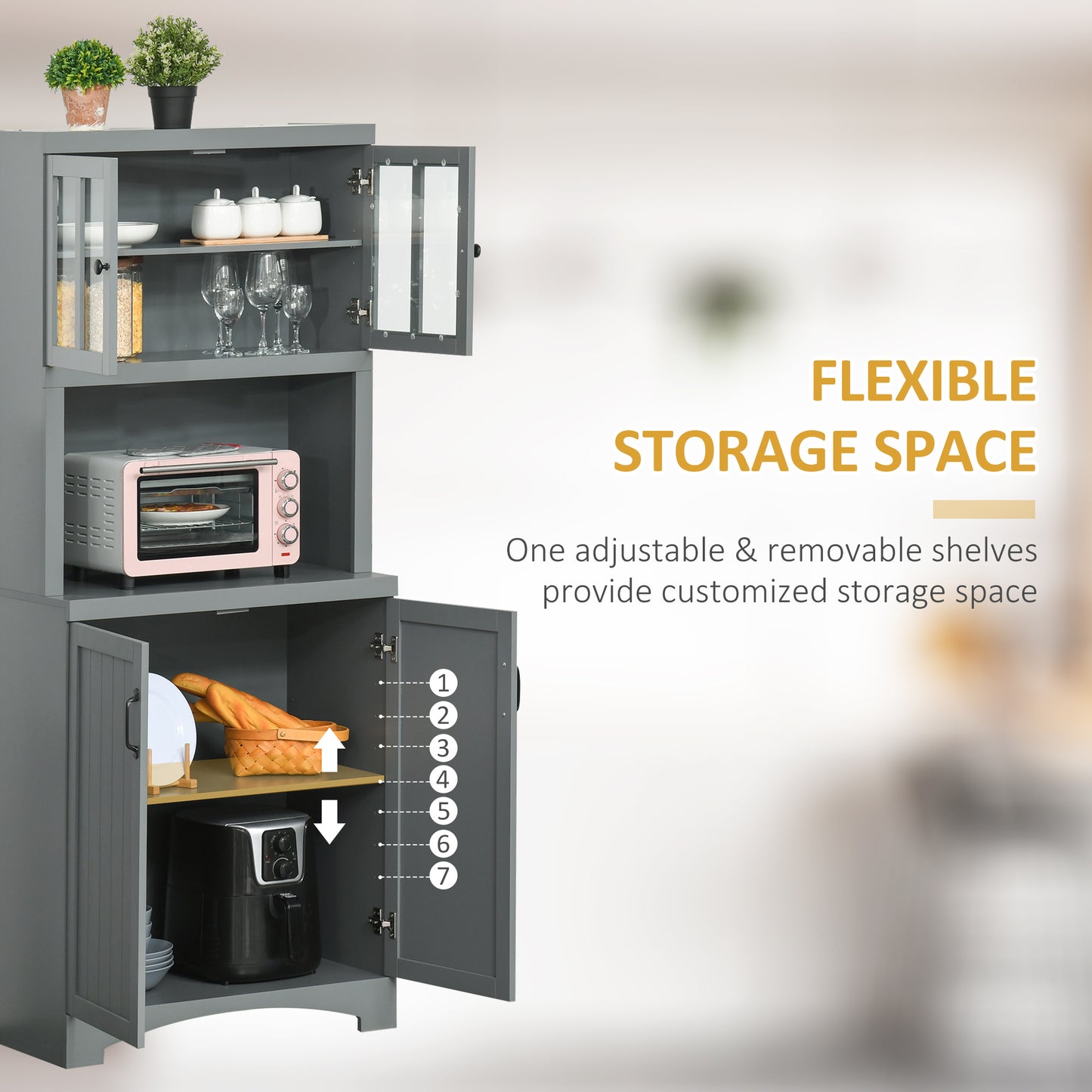 70" Kitchen Storage Cabinet with Adjustable Shelves & Microwave Space - Gray