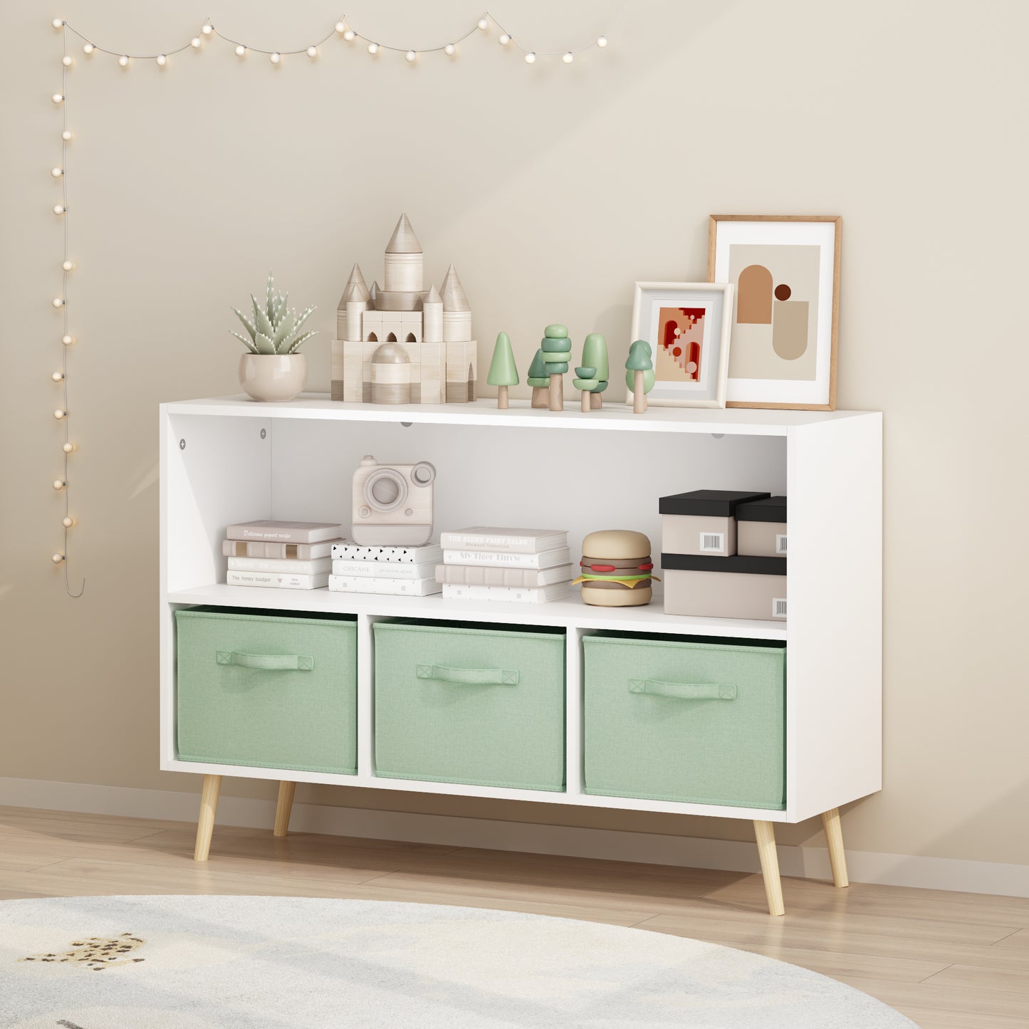 Kids Bookcase with Collapsible Fabric Drawers - White & Green