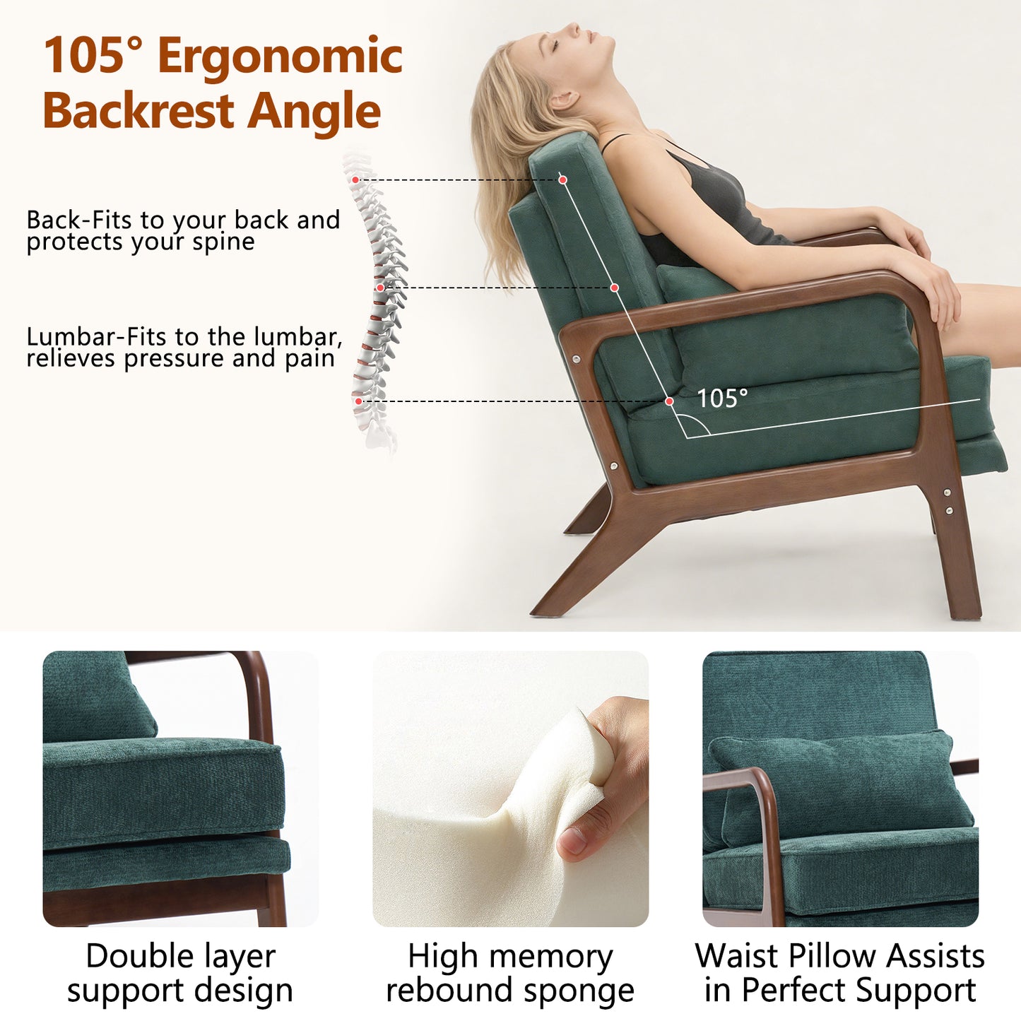 Mid-Century Modern Lounge Chair - Dark Green Upholstered Accent Chair