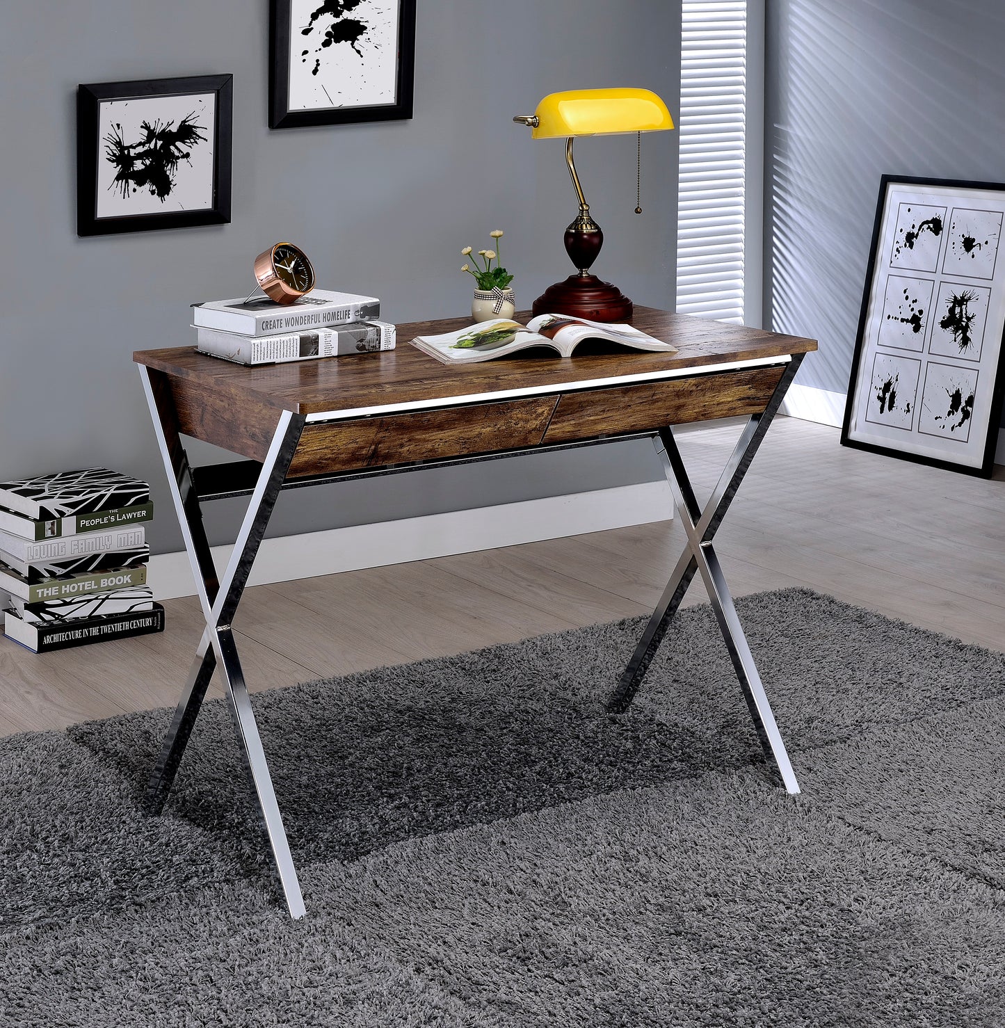 Weathered Oak Writing Desk with Chrome Legs - Sleek Modern Design