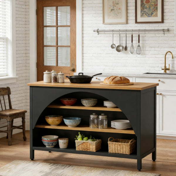 Kitchen Island with Storage - 3 Open Shelves, 55" Tabletop