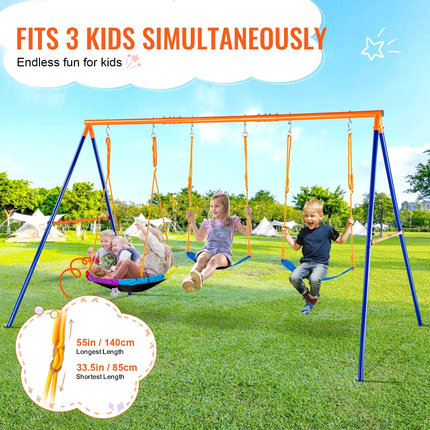 Outdoor Swing Set for Backyard with 2 Seats and Metal Frame - Orange