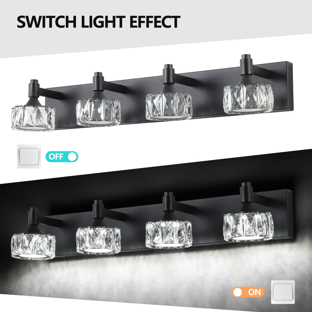 4-Light Matte Black LED Vanity Light Fixture with Crystal Shades