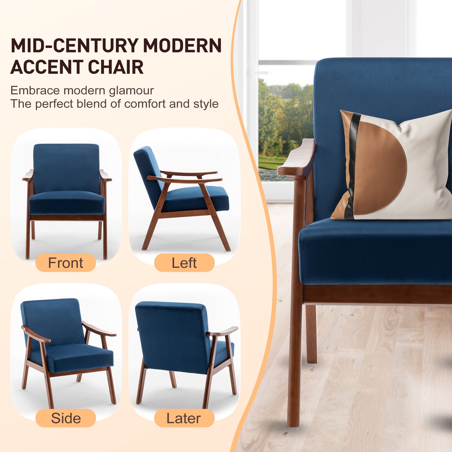 Mid-Century Modern Accent Chair - Blue Velvet Lounge Chair