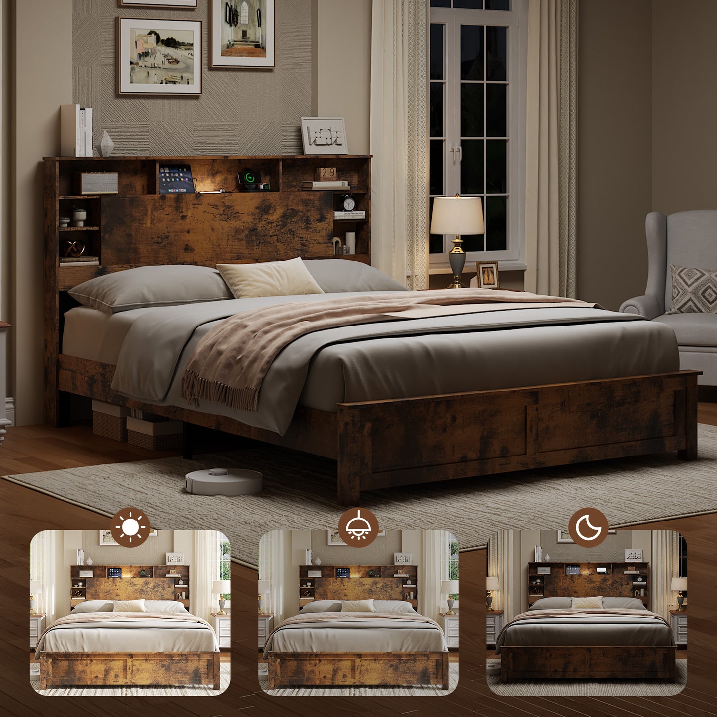 Queen Wood Platform Bed Frame with Bookcase Headboard & LED