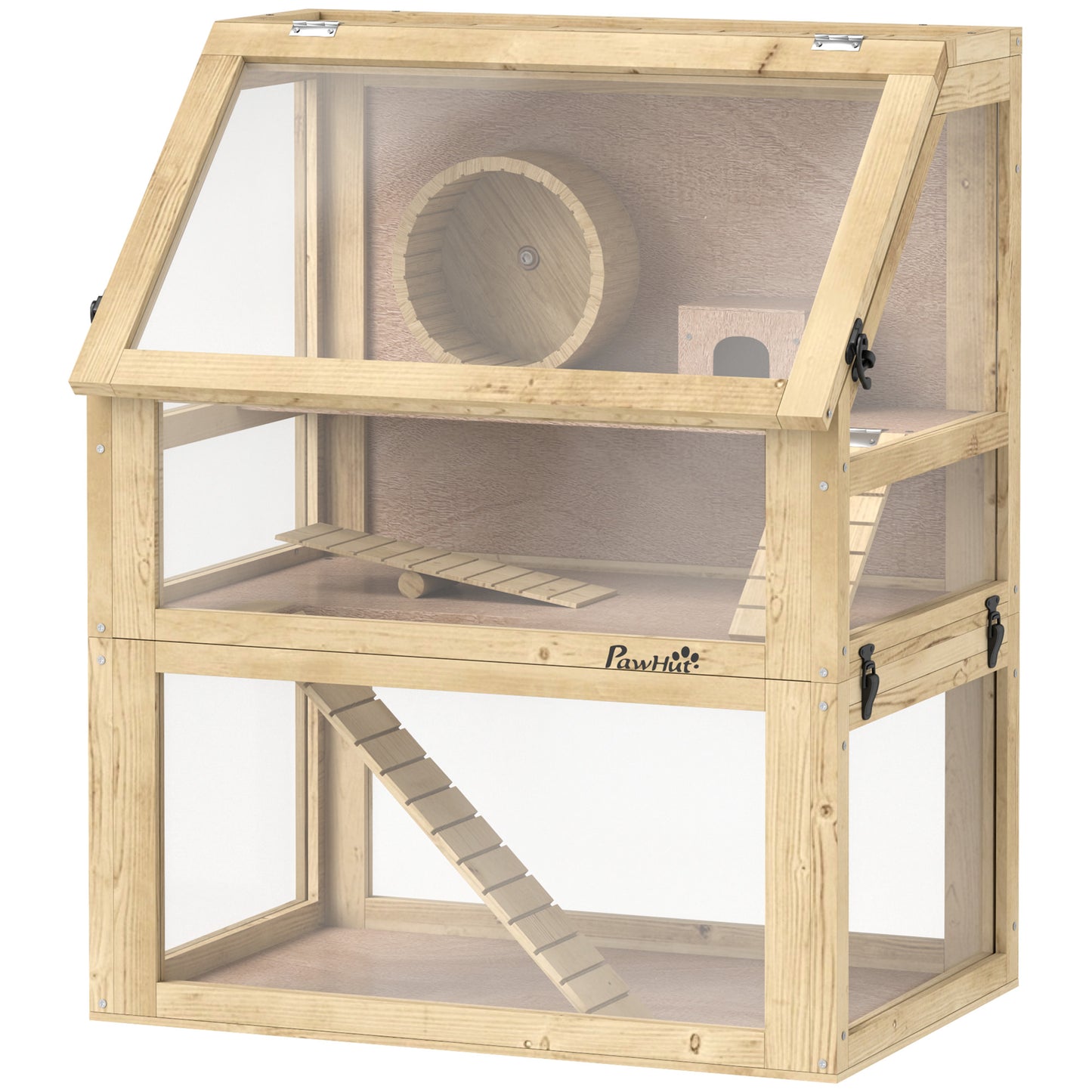 Wooden Hamster Cage with Detachable Bottom, Ramps & Accessories - 24 x 16 x 29.5 Inches