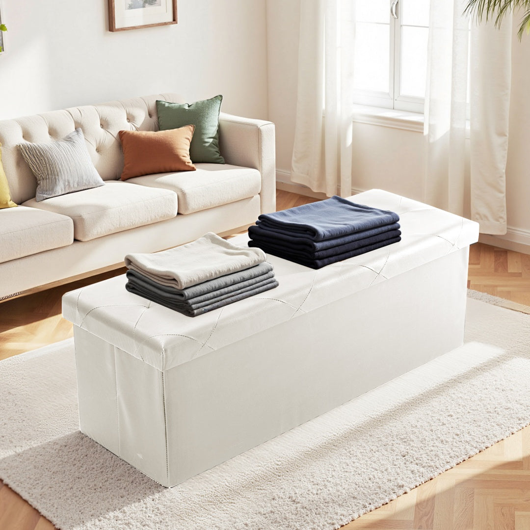 43-Inch Foldable Storage Bench with 660 lbs Capacity - Beige PVC