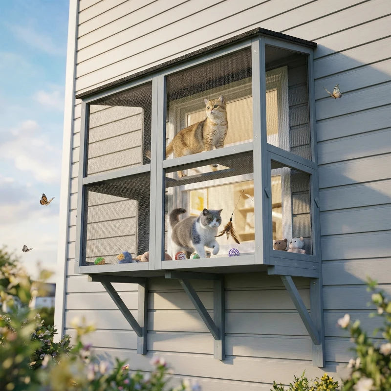 Outdoor Cat Enclosure with Waterproof Roof and Window Box - Gray, 39.4"L