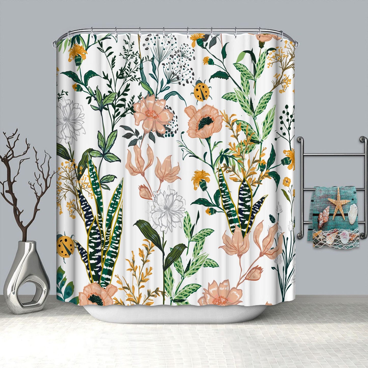 Succulent Flower and Grass Shower Curtain - Digital Printing Bathroom Decor