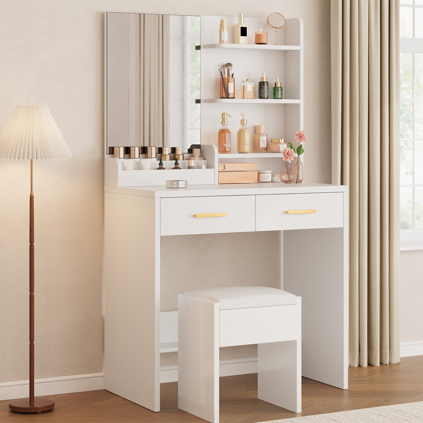 Vanity Table With Mirror 2 Drawers 3 Open Shelves Elegant White