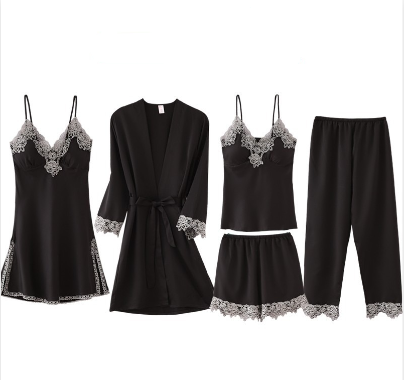 Thin Ice Silk Nightdress Pajama Set - 5-Piece Suit for Ladies