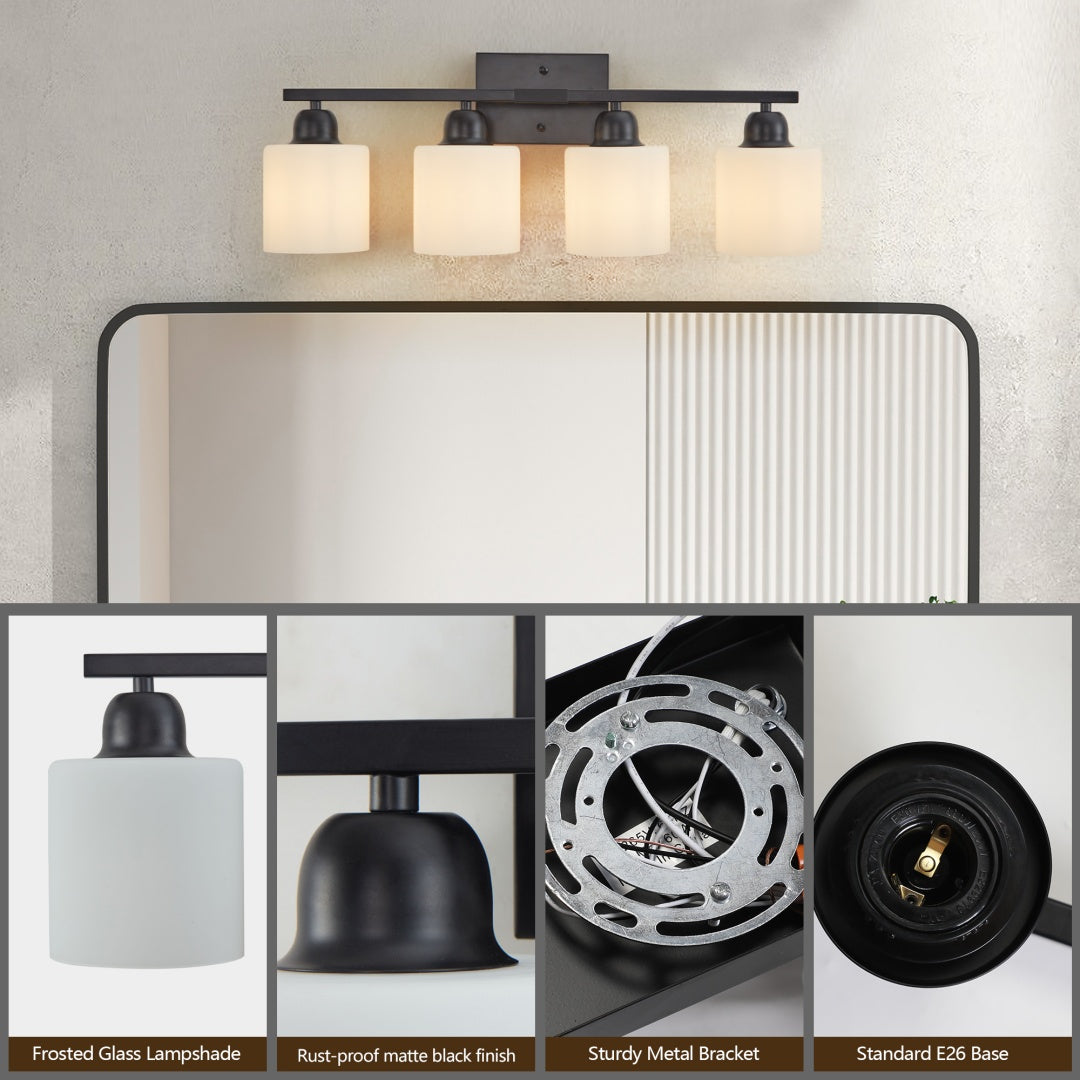 4-Light Modern Black Bathroom Vanity Light Fixture - Frosted Glass Shades