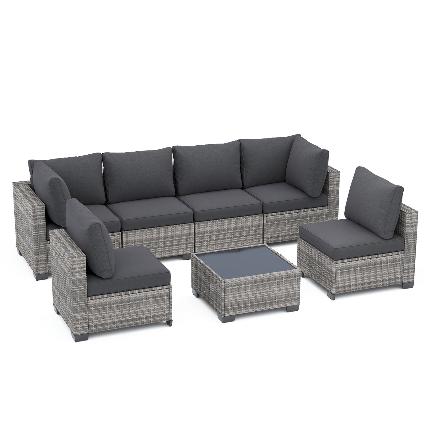 7-Piece Modular Outdoor Wicker Sectional Sofa Set with Cushions - Grey