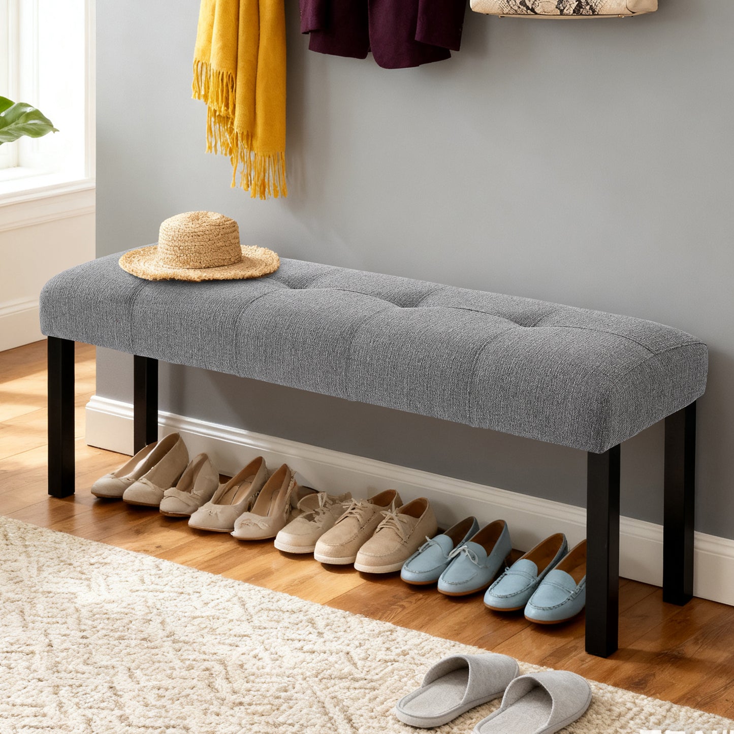 Modern Tufted Linen Dining Bench, Farmhouse Upholstered Entryway