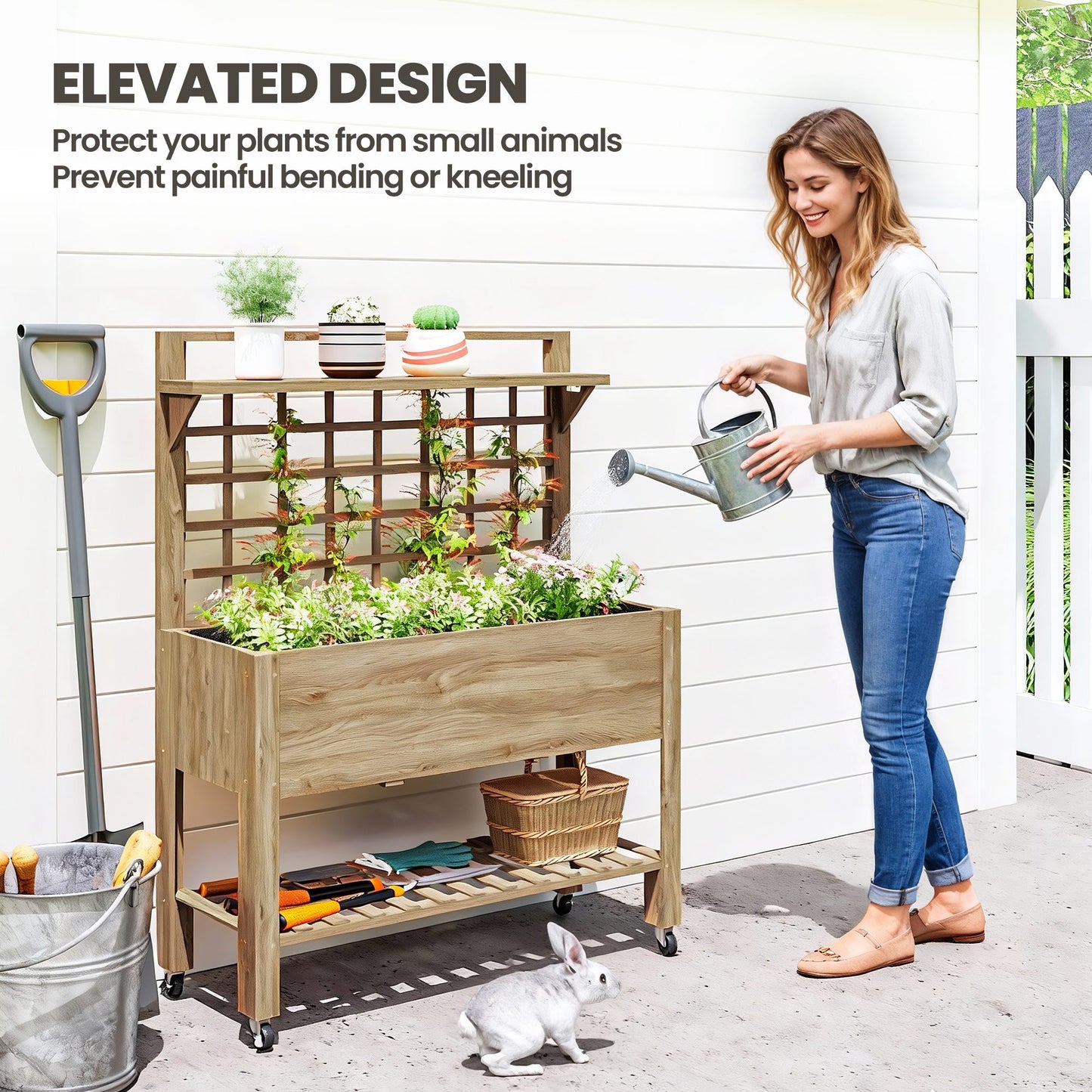 41-Inch Raised Garden Bed with Wheels, Wooden Planter Box, Trellis & Storage Shelf - Dark Brown