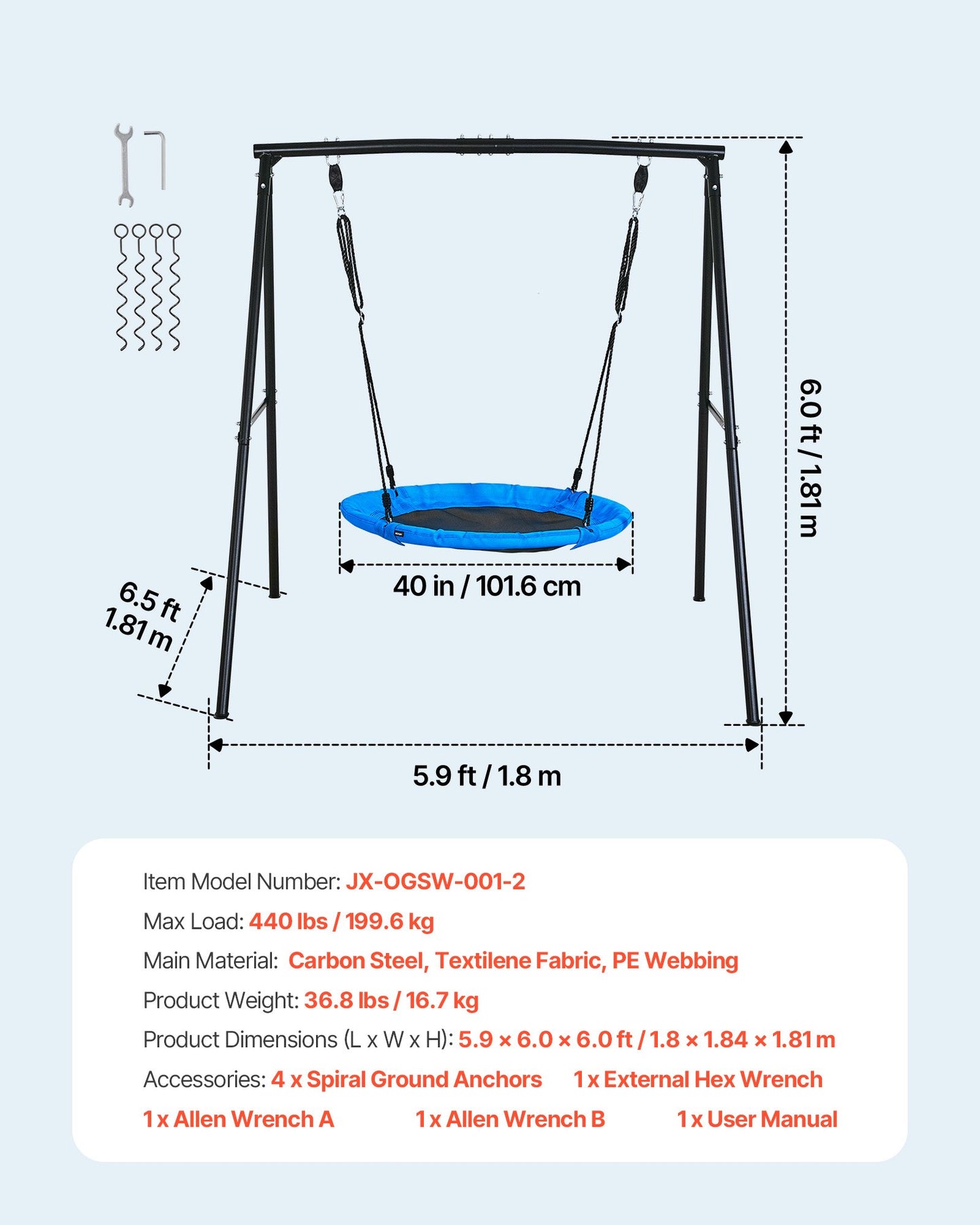 Heavy Duty Saucer Swing Set for Backyard with 40 Inch Seat and Metal Frame, Black