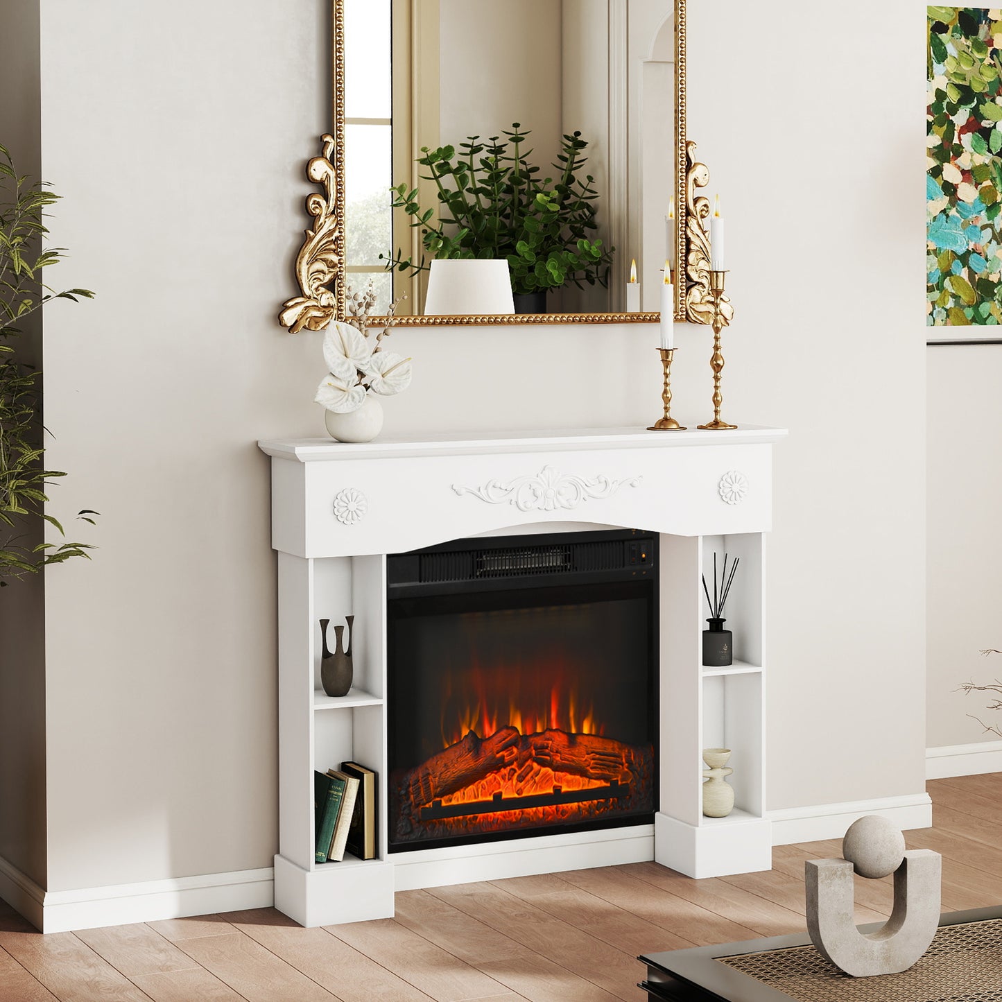 White Fireplace Mantel Surround with Storage for Electric Fireplaces - 45.3" Wide