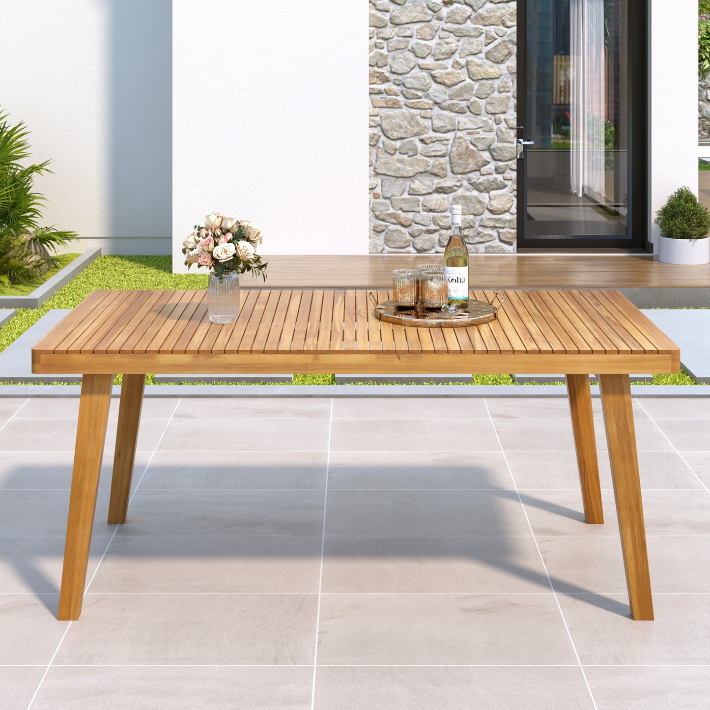 69" Acacia Wood Outdoor Dining Table - Slatted Top, 300 lbs Capacity