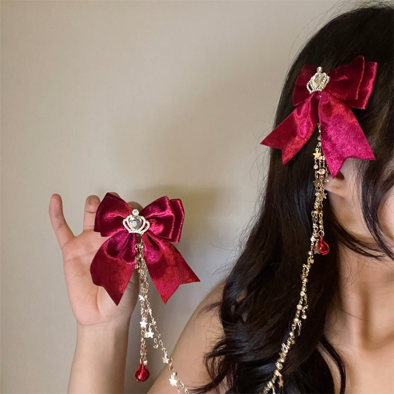 Red Bell Crown Bow Tassel Hair Clip for Women - Handmade Accessory