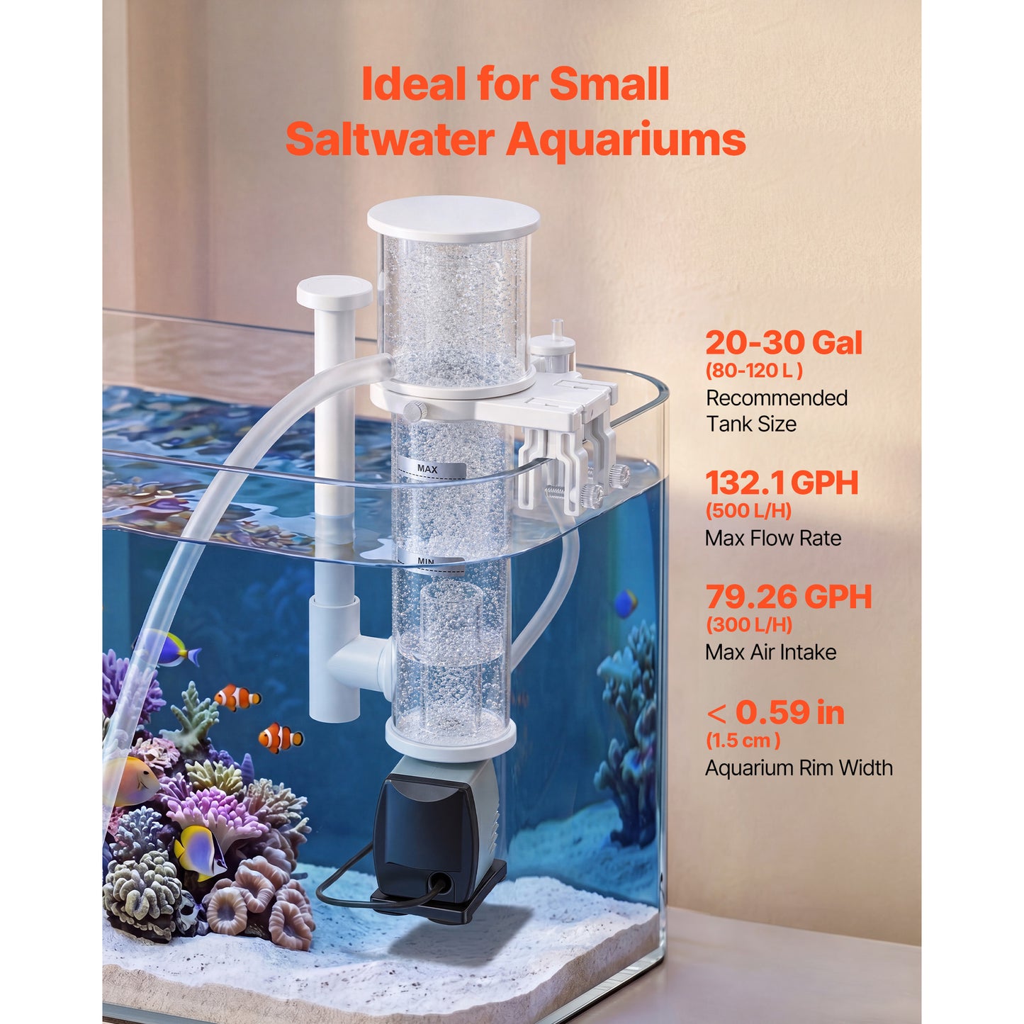 Hang-On Protein Skimmer for 20-30 Gallon Saltwater Aquarium with DC Pump - Adjustable Reef Tank Filter