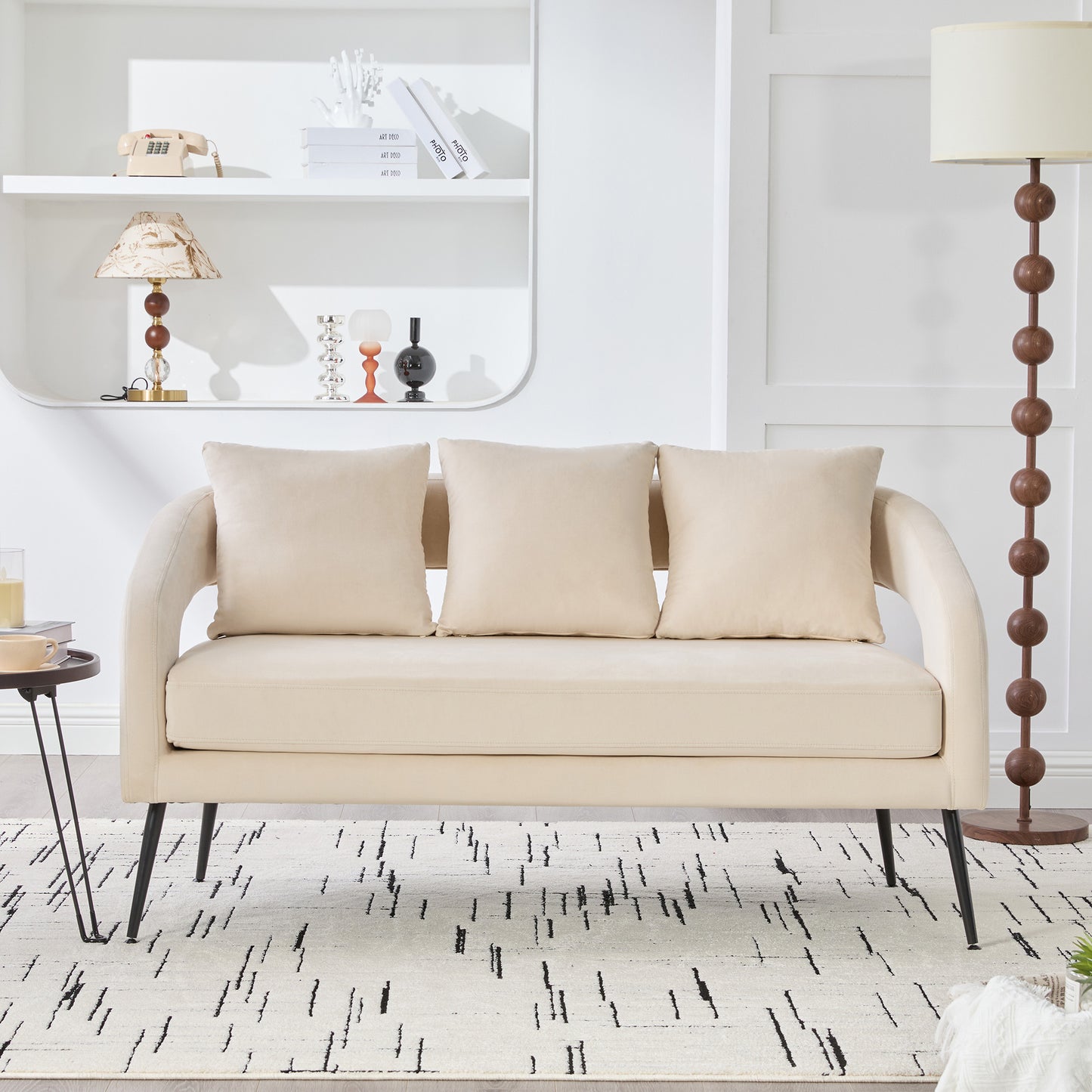 Modern Velvet Loveseat Sofa with 3 Pillows - Beige