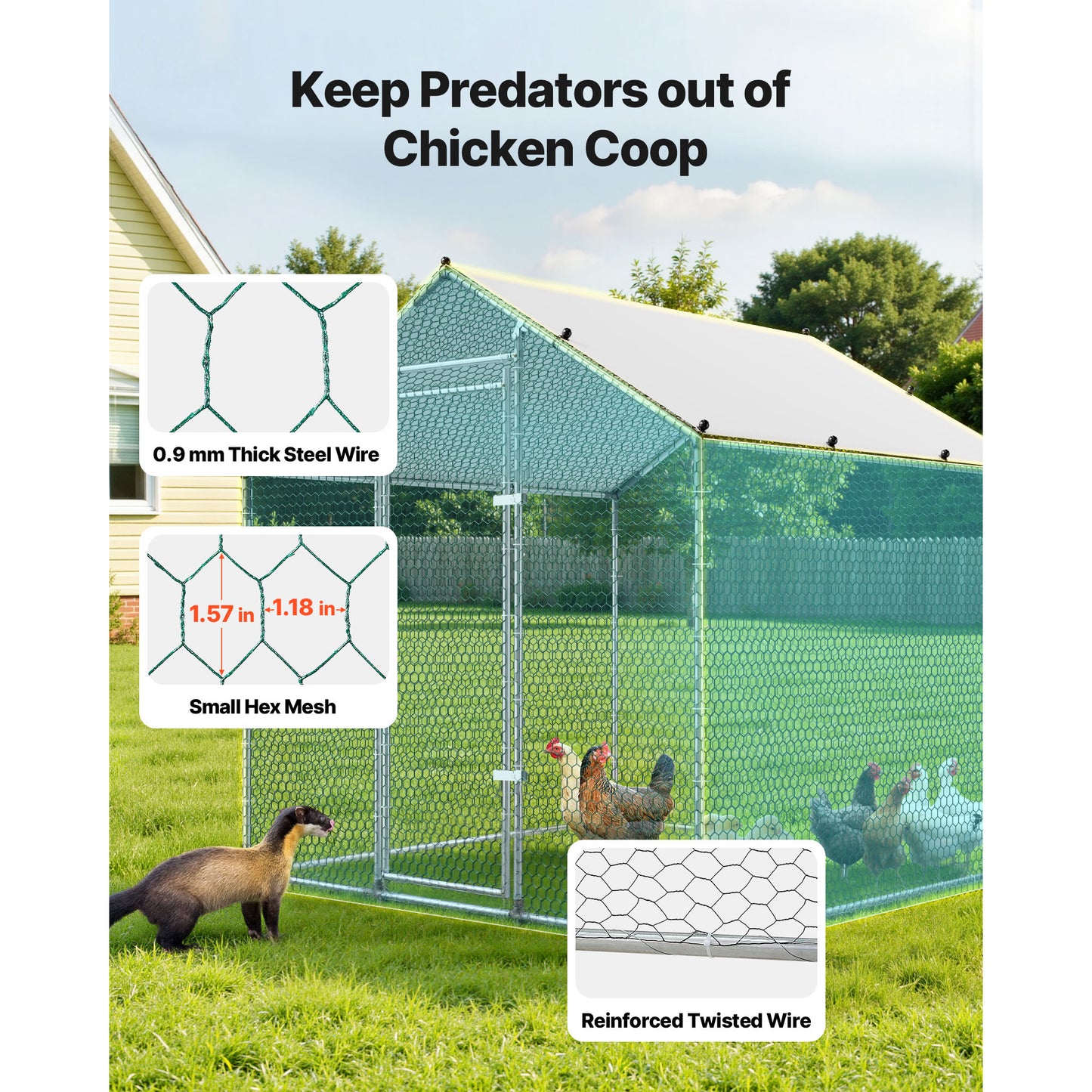 Large Metal Chicken Coop 6.6x6.6 ft Walk-In Poultry Enclosure with Cover & Lock