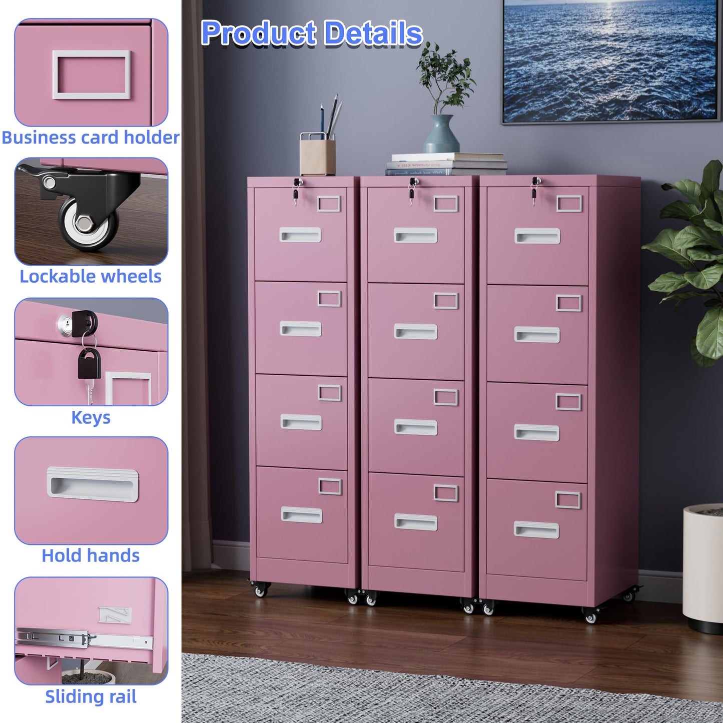 4 Drawer Lockable File Cabinet on Wheels - Pink