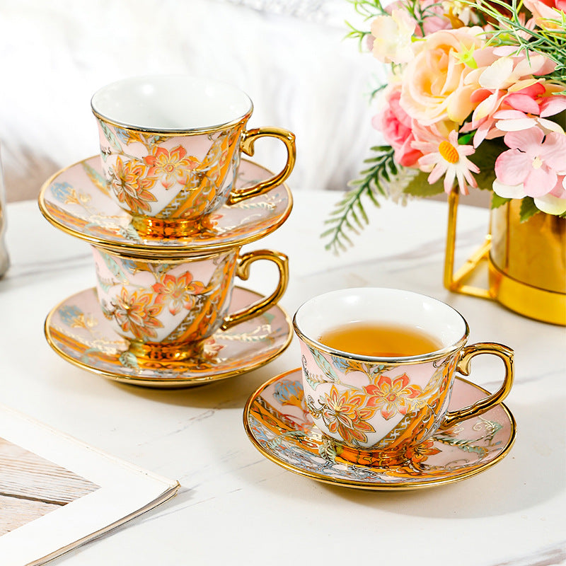 Gold-Rimmed Ceramic Coffee Cup Set with Saucers - 6 Pcs Home Drinkware