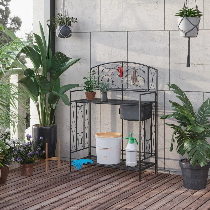 Folding Garden Potting Bench Table with Storage Bag & Hooks - Black