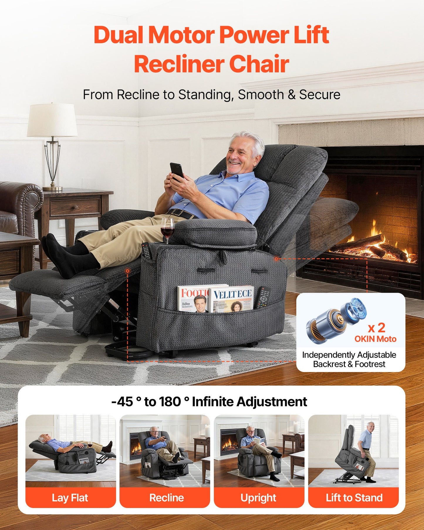Electric Power Lift Recliner Chair with Heat Massage Velvet Dark Gray