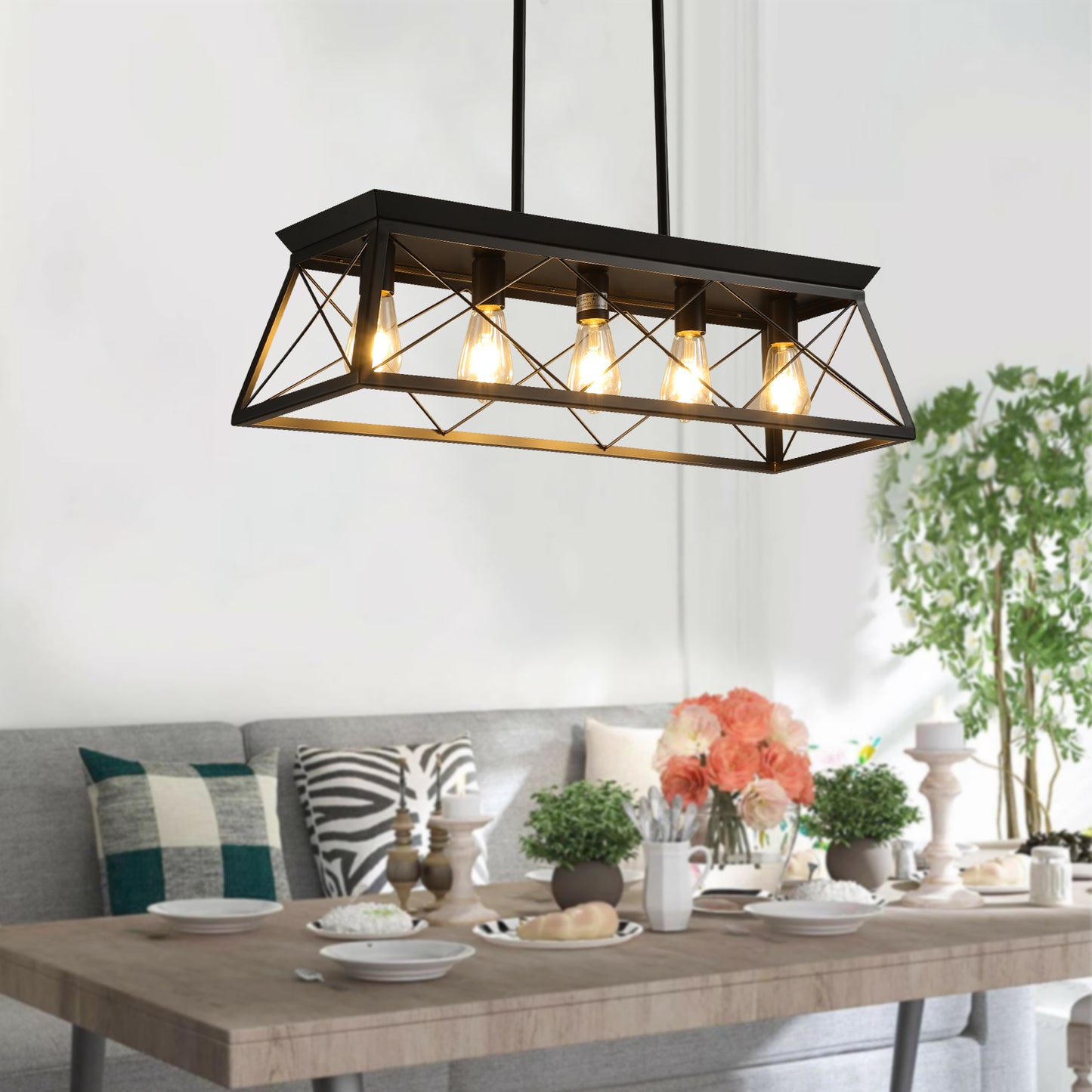 32-Inch Black Industrial 5-Light Pendant Chandelier - Adjustable