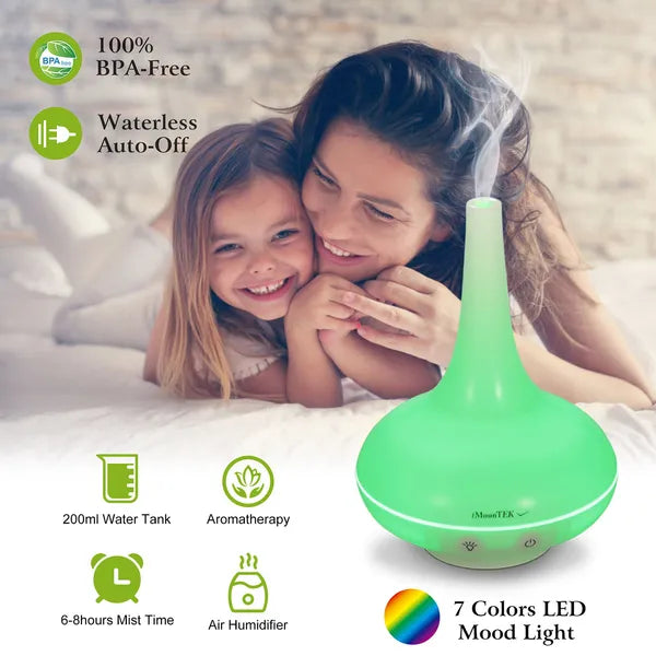 Ultrasonic Cool Mist Humidifier with Aromatherapy Oil Diffuser, 200ml, Colorful Lights