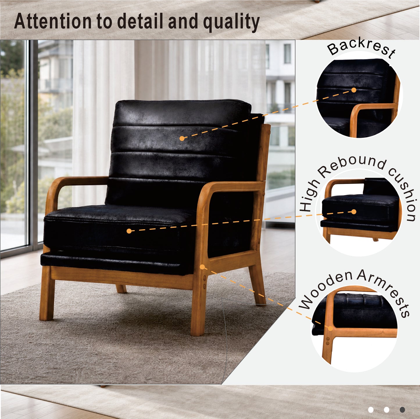 Mid-Century Modern Black Foil Fabric Wood Armchair